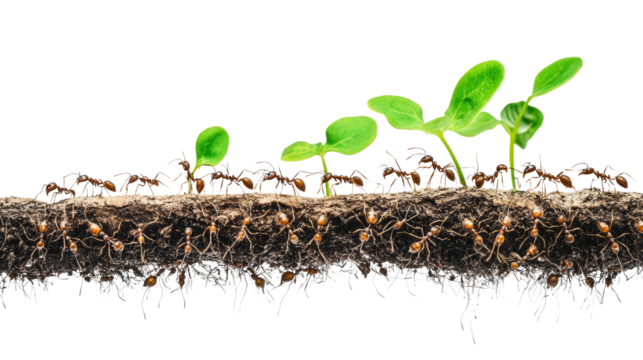 Ants cultivating plants in soil nature photography close-up view ecosystem dynamics