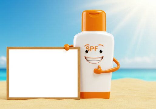 Uv safety awareness month concept with smiling sunscreen bottle on sunny beach scene