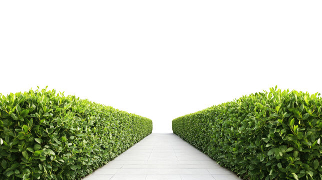 Serene pathway between lush green hedges tranquil garden fine art photography minimalist style eye-level view nature's calmness
