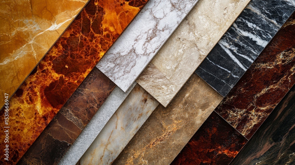 Poster Close-up of various marble slabs in different colors and patterns arranged in an overlapping diagonal composition.