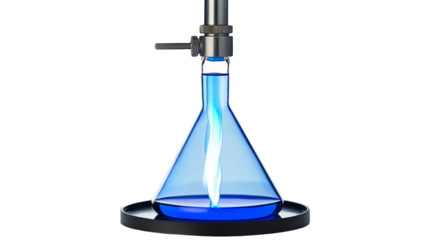 Chemical experiment in laboratory glassware setup science focus blue liquid close-up view experimentation concept