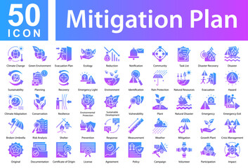 Mitigation Plan Icon Collection and Simple Concept Glyph Gradient, Containing: Climate Change,Green Environment,Evacuation Plan,Ecology,Reduction,Notification,Community,Task List,Disaster Recovery