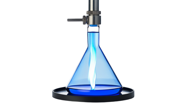 Chemical experiment in laboratory glassware setup science focus blue liquid close-up view experimentation concept
