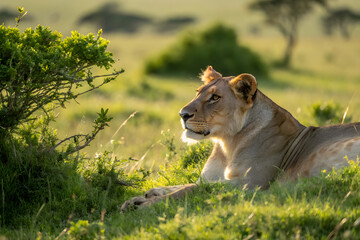 Fototapeta premium A majestic lioness rests in the lush grasslands of the Kenyan savanna, its gaze steady and powerful