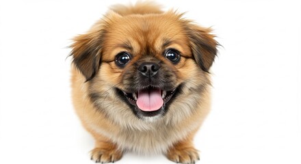 Happy fluffy dog joyfully poses against bright white background. AI Generated