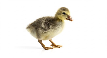 Obraz premium Adorable fluffy gosling stands against bright white background. AI Generated