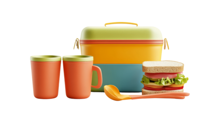 Picnic essentials colorful lunch set with sandwich cups and spoon outdoor still life vibrant atmosphere