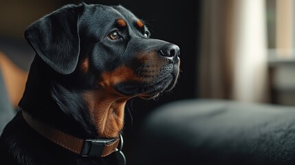 Calm but Alert Rottweiler Sitting with Watchful Expression