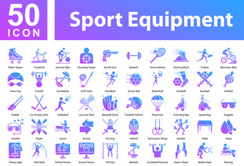 Sport Equipment Icon Collection and Simple Concept Glyph Gradient, Containing: Roller Skates,Treadmill,Exercise Bike,Shooting Target,Airsoft Gun,Barbells,Tennis Racket,Starting Block,Frisbee,Mountain 