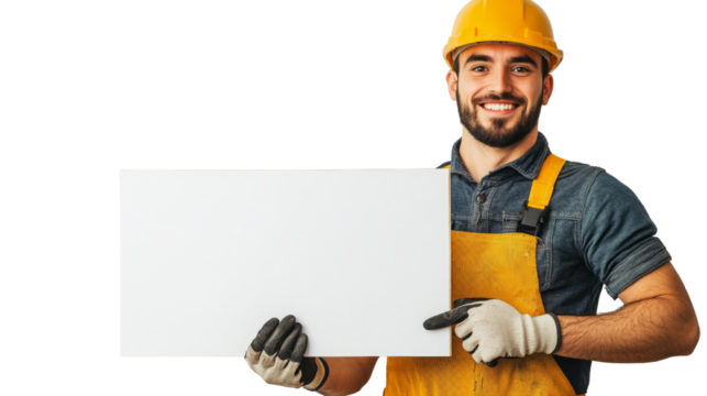 Construction worker holding blank sign industrial environment portrait image bright studio lighting promotional concept