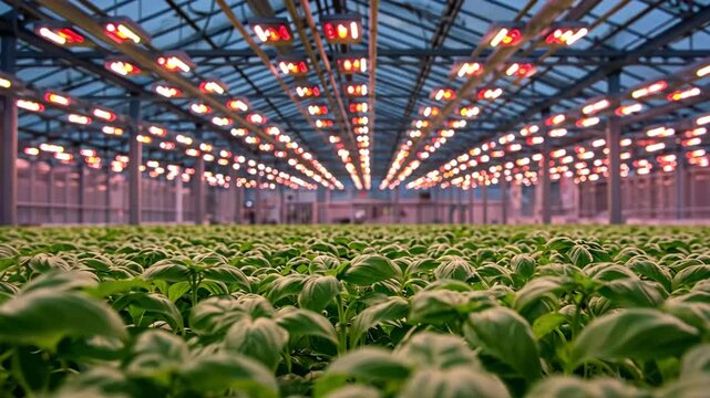 A modern greenhouse filled with vibrant basil plants under LED lights.