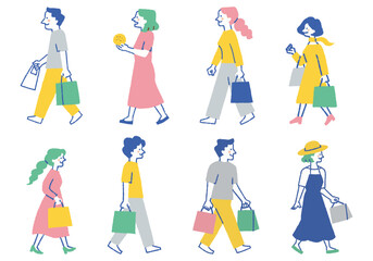 Set of people walking with shopping bags_color