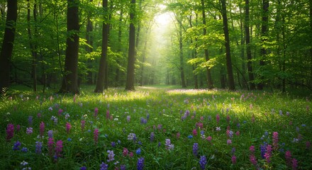 Sunlight streams through lush green forest illuminating vibrant wildflowers. AI Generated