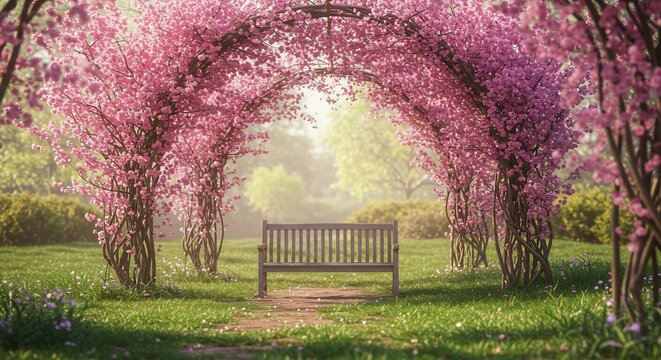Serene park bench awaits under blossoming pink trees bathed in soft sunlight. AI Generated