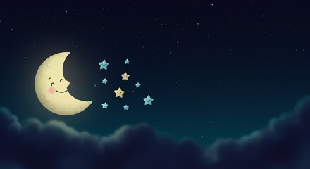 Smiling crescent moon gently dreams under soft night sky light. AI Generated