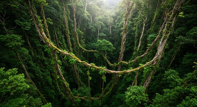 Lush green jungle canopy glows softly sunlit vines drape ancient trees. AI Generated - Powered by Adobe