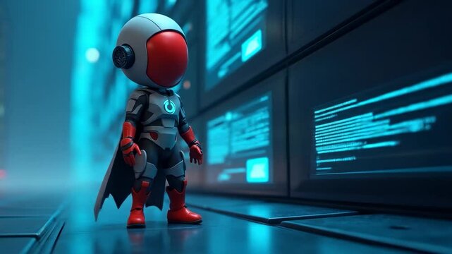 A futuristic 3D cyber hero character, representing data security and innovation	