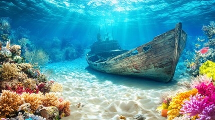 Serene Sunken Ship: Underwater Exploration of a Shipwreck by Vibrant Coral Reef on Sandy Seafloor
