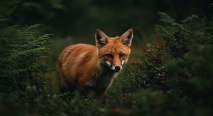 Fototapeta premium Red fox quietly stands amidst deep shadows lush green ferns. AI Generated