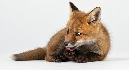 Obraz premium Adorable fox kit playfully cleans paws soft light studio shot. AI Generated