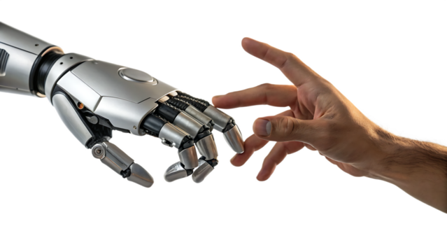 Robotic hand and human hand reaching isolated on a white background png generated ai - Powered by Adobe