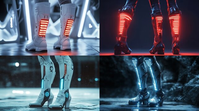 Futuristic boots with glowing lights, four different variations