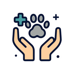 Caring hands protecting a pet paw. Icon symbol illustration