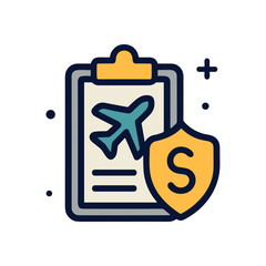 Flight insurance document with shield. Icon symbol illustration