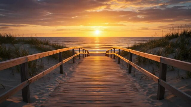 Seascape with boardwalk leading to ocean at golden sunset. Beautiful beach landscape for summer vacation concept. Panoramic marine footage.
