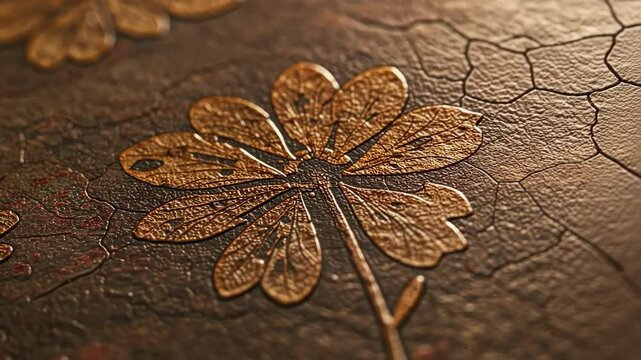 Close-up of an embossed golden leaf design on textured surface.