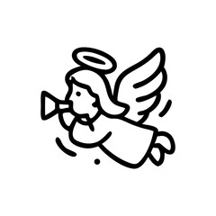 Outline of a flying angel with wings and a halo playing a trumpet, announcing good news. Religious and spiritual concept