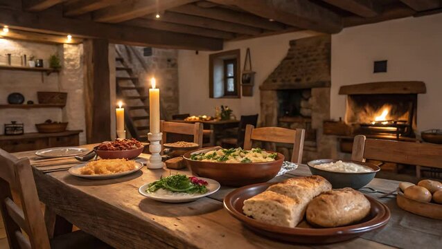 Dining table setup with food and candles in a rustic room view