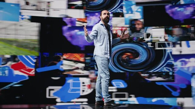 Content creator delivering a live presentation engaging an online audience for social media, digital interaction and creative branding in real time. Trend setter for innovation. Camera B.