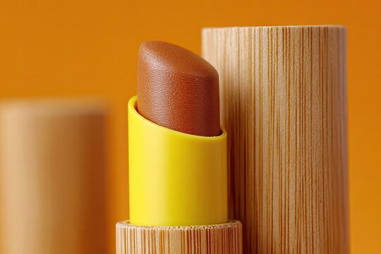 Close-up of a light brown lipstick in a wooden and yellow tube