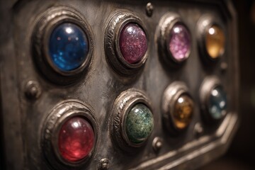 Close-up of a metallic panel with colorful glass globes