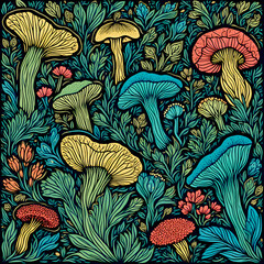 Cool and colorful mushroom art full of funky shapes, cute flowers, and jungle vibes. Like a magical forest party!