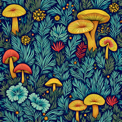Cool and colorful mushroom art full of funky shapes, cute flowers, and jungle vibes. Like a magical forest party!