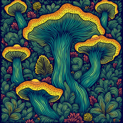 Cool and colorful mushroom art full of funky shapes, cute flowers, and jungle vibes. Like a magical forest party!
