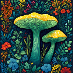 Cool and colorful mushroom art full of funky shapes, cute flowers, and jungle vibes. Like a magical forest party!