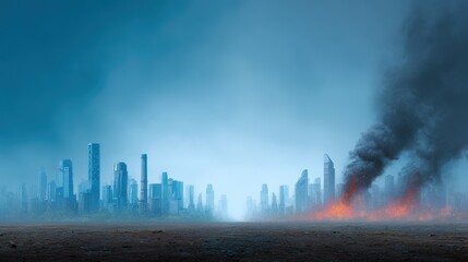 Obraz premium Desolate Urban Landscape with Smoke and Flames Under Dark Sky