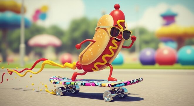 Fun celebration of national hot dog month with skateboarding sausage character in sunglasses