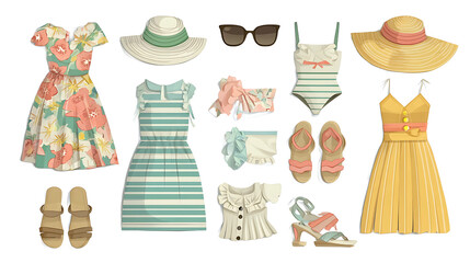 Stylish Summer Fashion Apparel Collection Featuring Floral Dresses, Striped Sundresses, Swimsuits, Hats, and Sandals