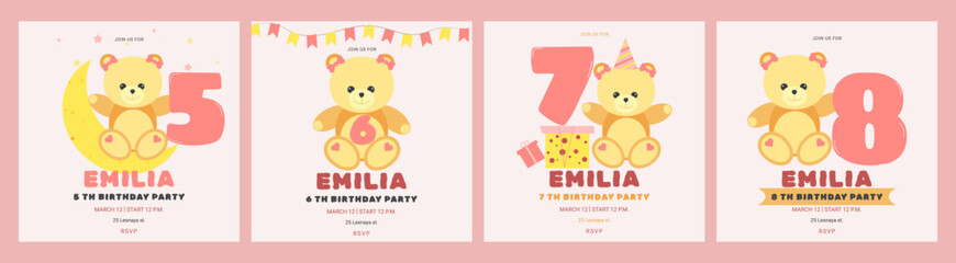 Invitation childrens birthday party cute bear and number set. Celebration First birthday. Greeting card template for children. Vector illustration.