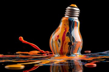 Multicolored lightbulb, paint splatters, dark background