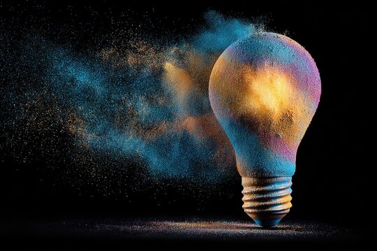 Colorful lightbulb exploding with vibrant powder - Powered by Adobe