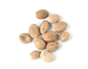 Fresh nutmegs isolated on white, top view