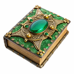 Antique Emerald Green Book with Gold Ornate Cover and Gemstones