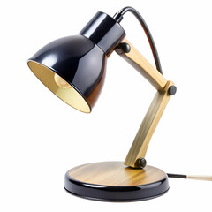 Black Metal Desk Lamp Wooden Base White Background