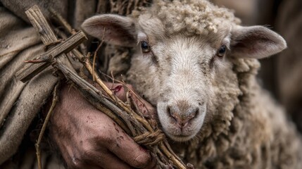 Closeup of a shepherd tending to a ed sheep, with a small wooden cross p beside the injured animal, representing the healing and forgiveness that Jesus offers to his followers.