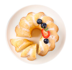 Tasty bundt cake with powdered sugar and berries isolated on white, top view